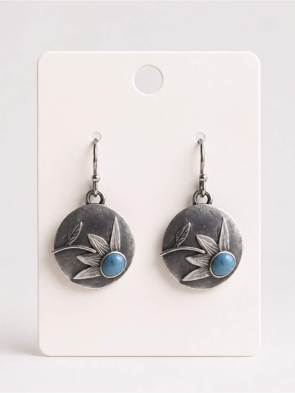 Silver-Tone Floral Disc Drop Earrings with Blue Stone